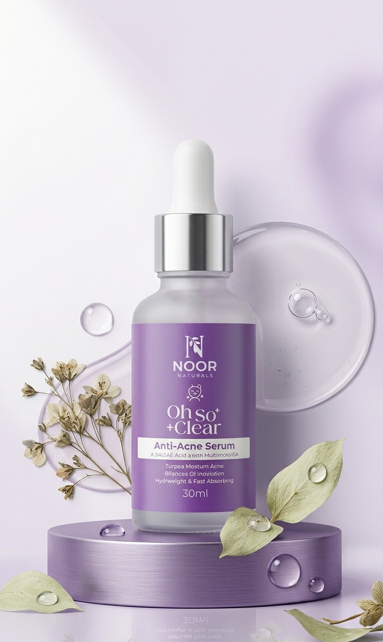 Serum bottle with dropper labeled 'oh so clear' on a purple stand with decorative elements.