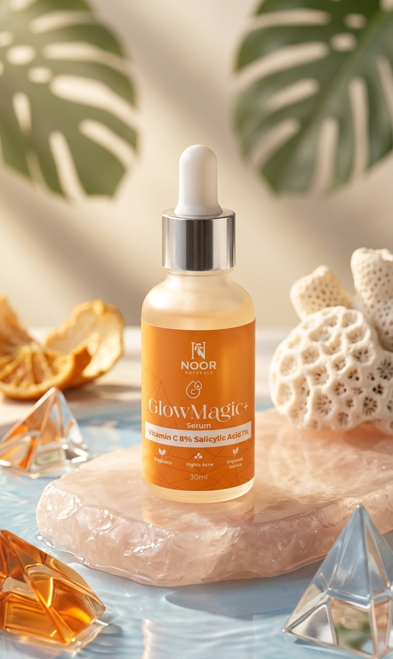 Glow Magic skincare serum bottle with natural elements on a light background.