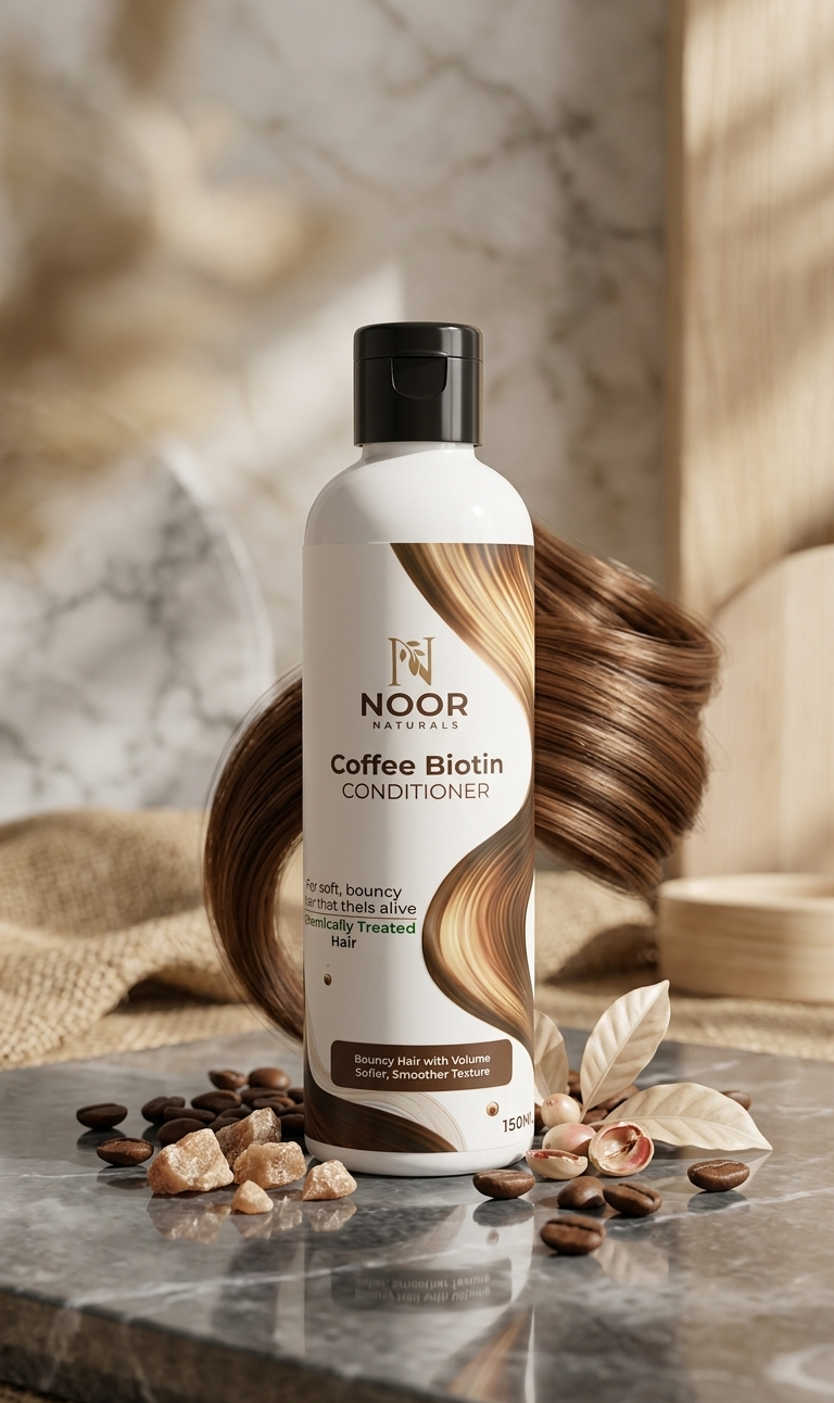 Noor Coffee Biotin conditioner bottle on a marble surface with coffee beans and leaves.