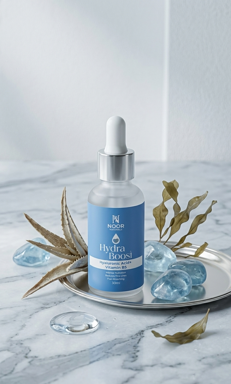 Skincare dropper bottle labeled 'Hydra Boost' on a marble surface with decorative elements.
